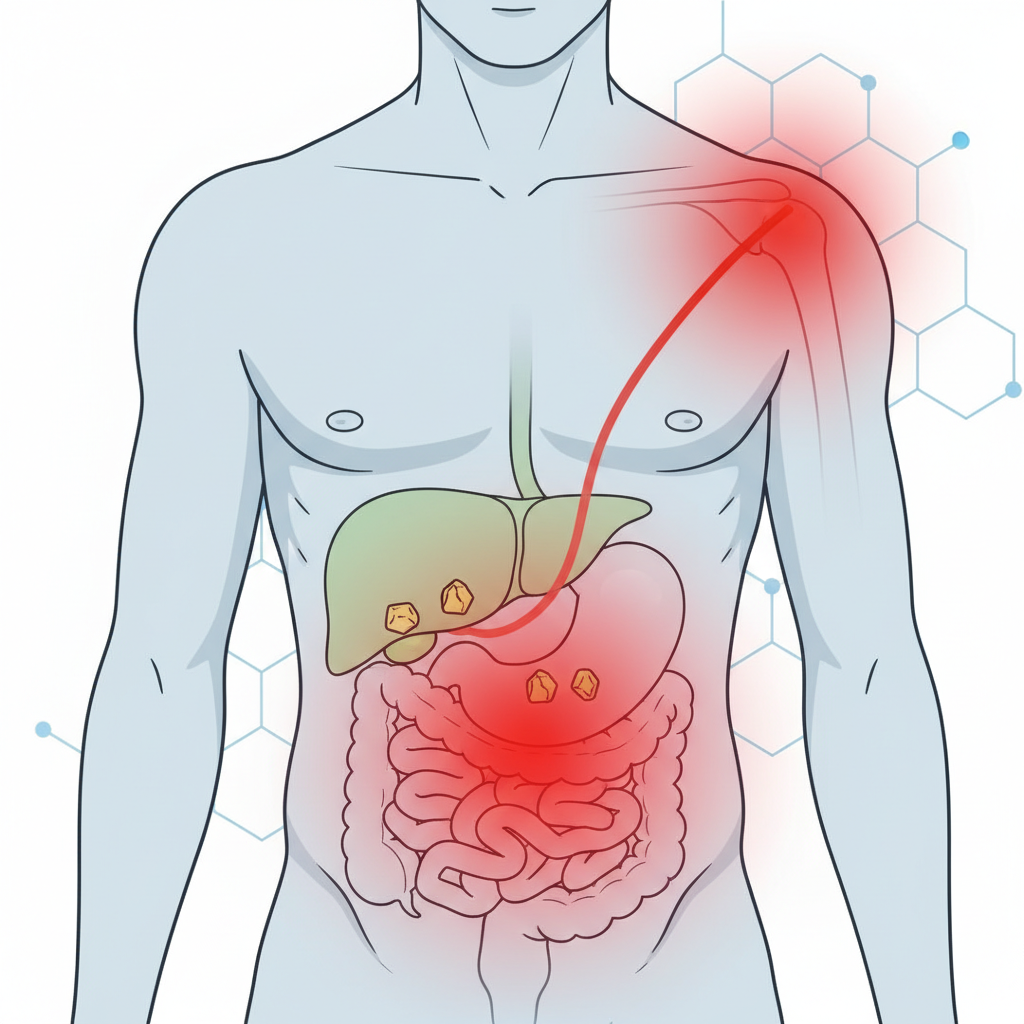 Safra taşı ağrısının tipik yerleşimi: sağ üst karın ve sağ omuza vuran ağrı