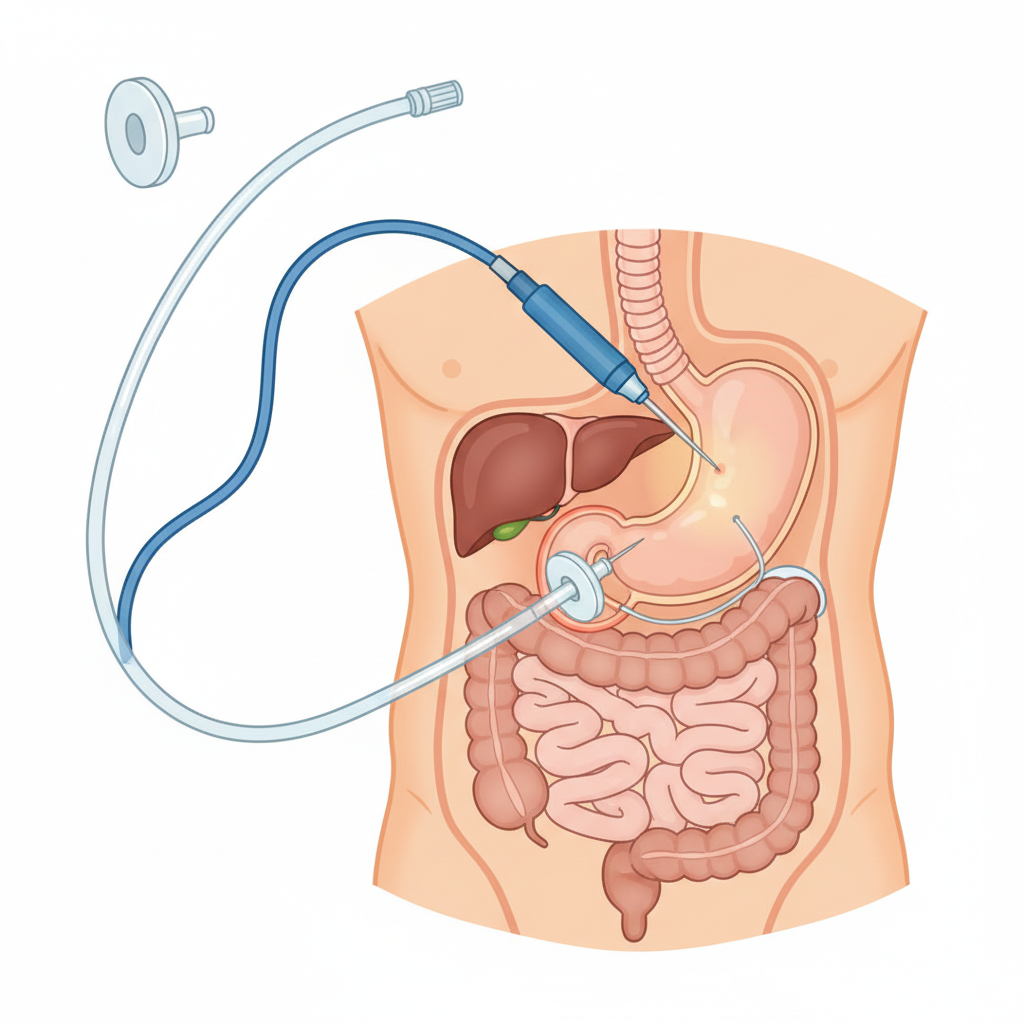 PEG tüpü şeması ve mideye yerleşimi